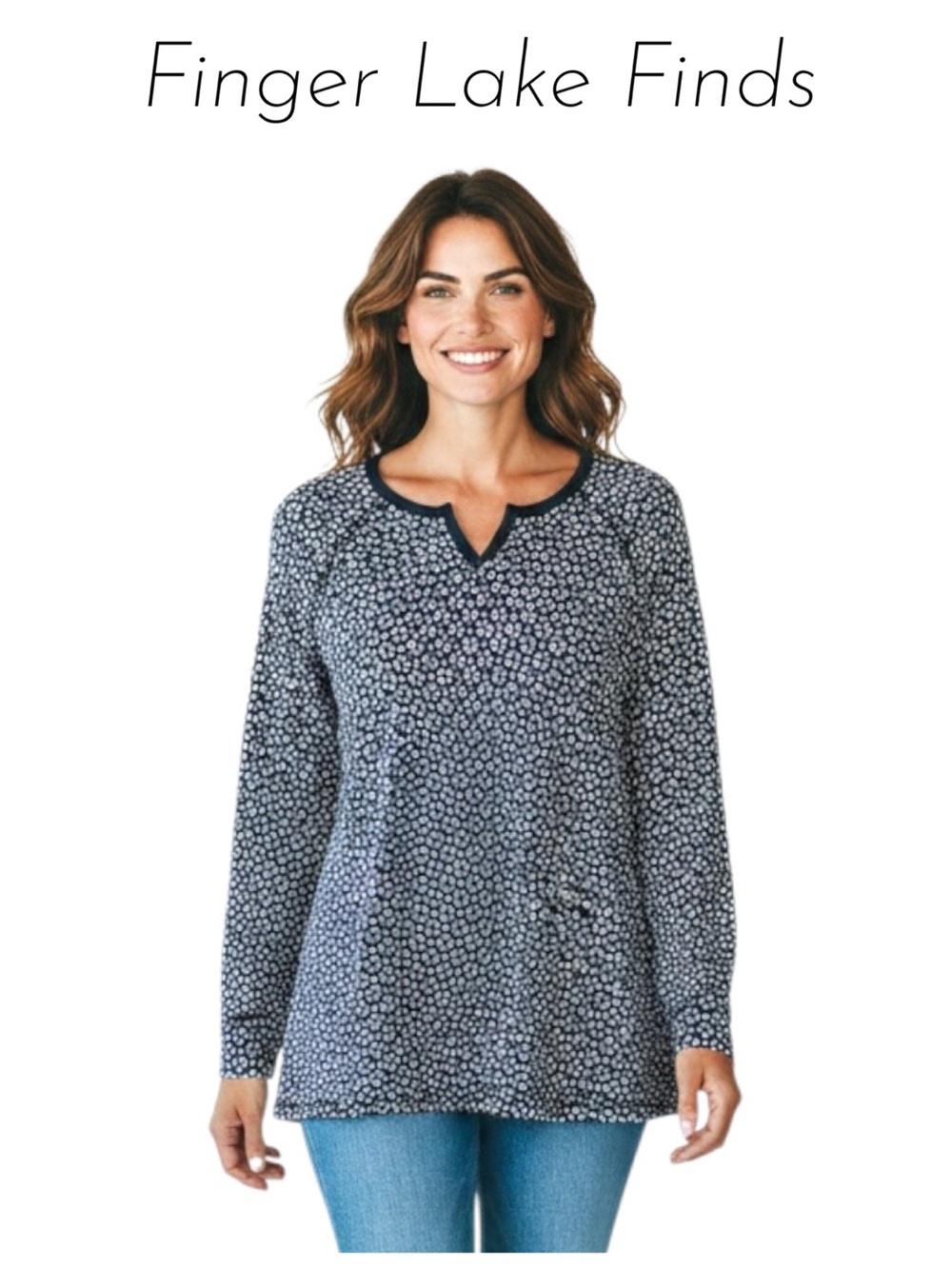 Talbots Navy Geo-Print Long Sleeve Tee, M